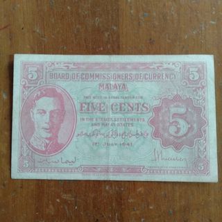 1941 Malaya 5 cents B C verity VF paper note