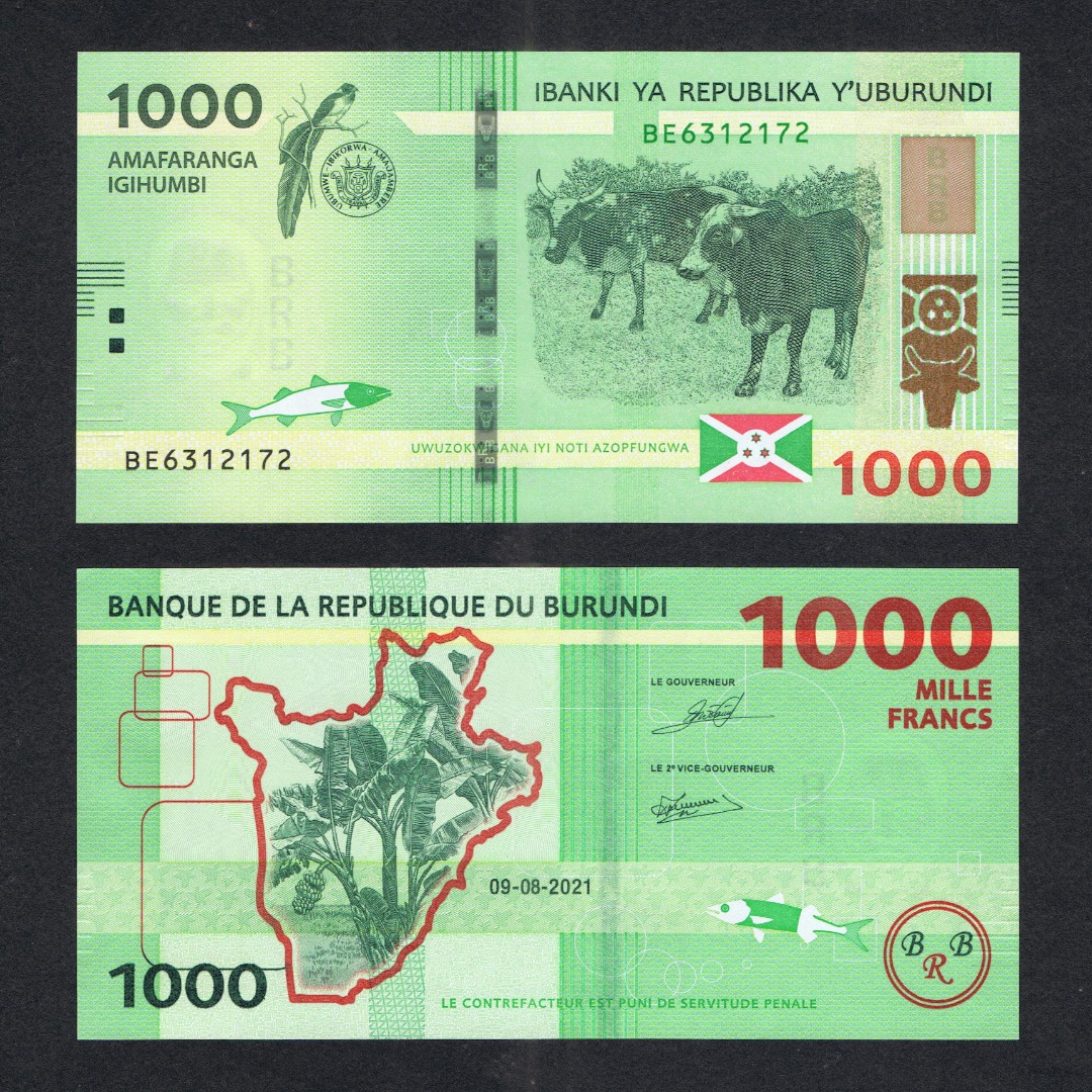2021/2022 BURUNDI 1,000 1000 FRANCS HYBRID P-51b UNC > BIRD FLAG CATTLE