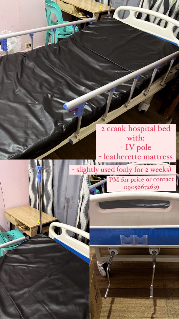 2 Cranks Hospital Bed with IV pole and Leatherette Mattress, Health