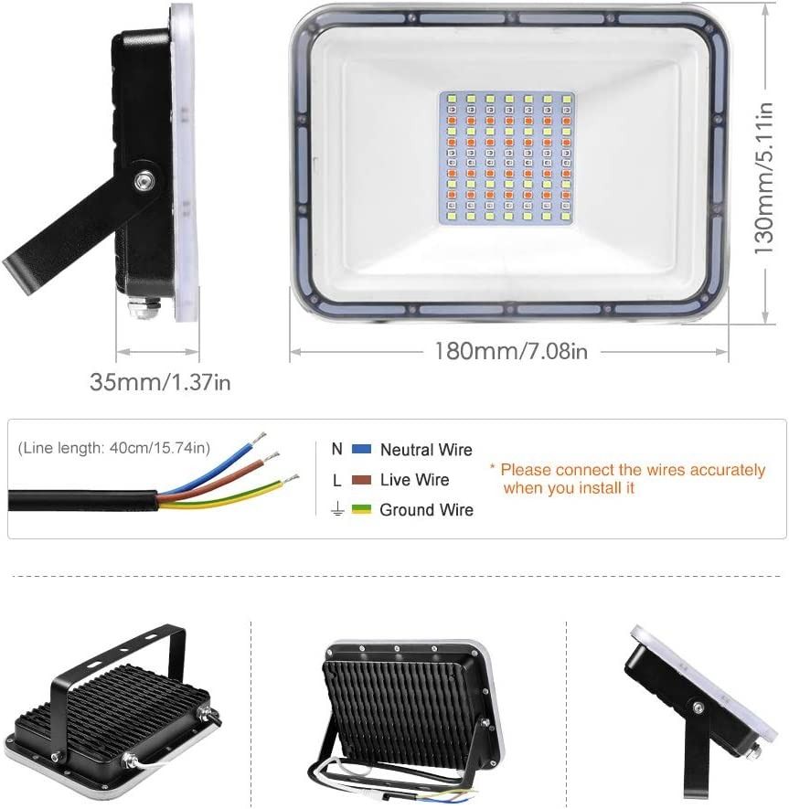 50W RGB Floodlight with Remote Control, 16 Colours  Modes, Landscape  Lighting with Memory Function Outdoor Security Light 4000lm Waterproof IP66  Spotlight for Garden, Stage, Party [Energy Class F], Furniture 