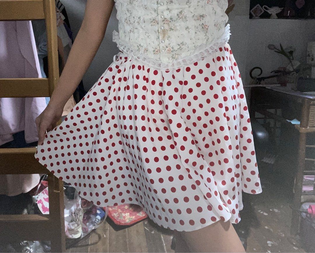 90s Red Polka Dots Skirt with Ribbon Women s Fashion Bottoms
