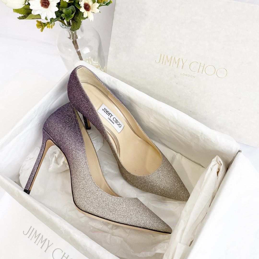 Authentic Jimmy Choo Iconic Purple Silver Glitter Heels