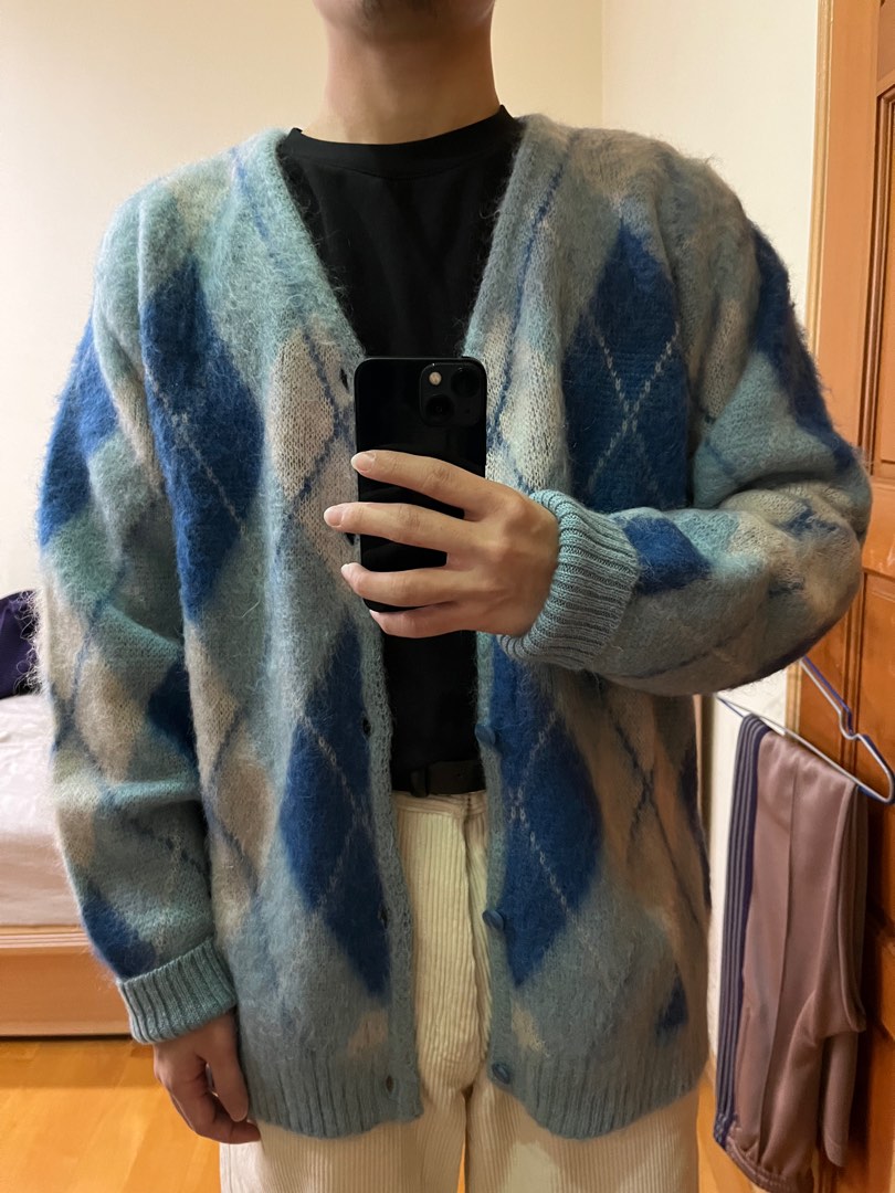 全新) NEEDLES / MOHAIR CARDIGAN ARGYLE LIGHT BLUE 開襟衫馬海毛M號