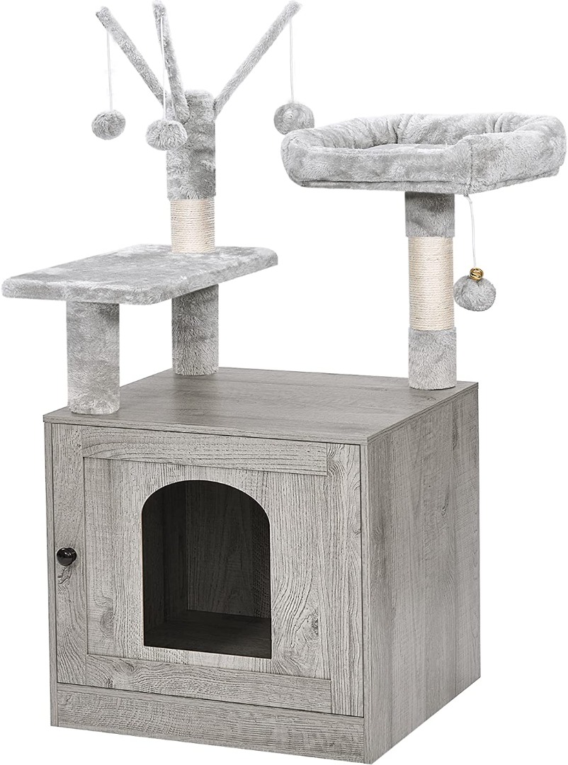 BEWISHOME Cat Tree with Litter Box Enclosure Allinone Cat Hidden