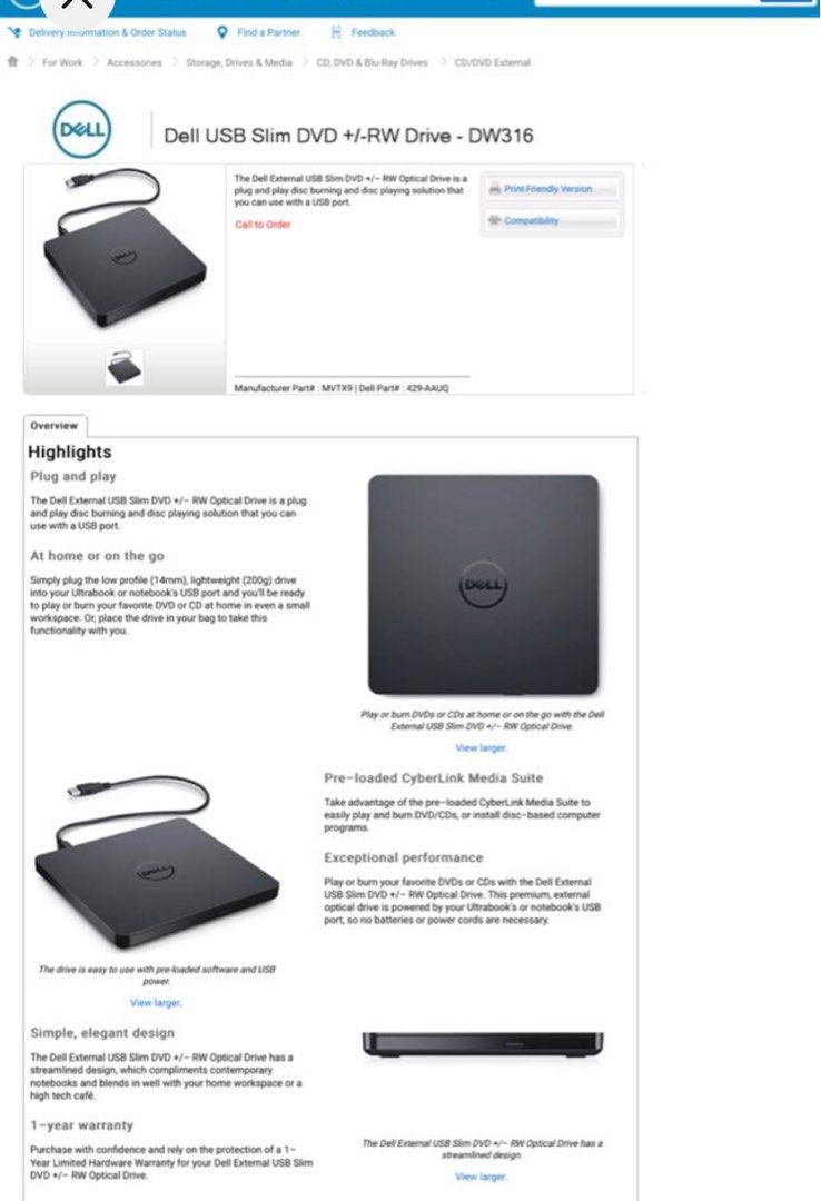 Dell USB Slim DVD Drive DW316, Computers & Tech, Parts & Accessories