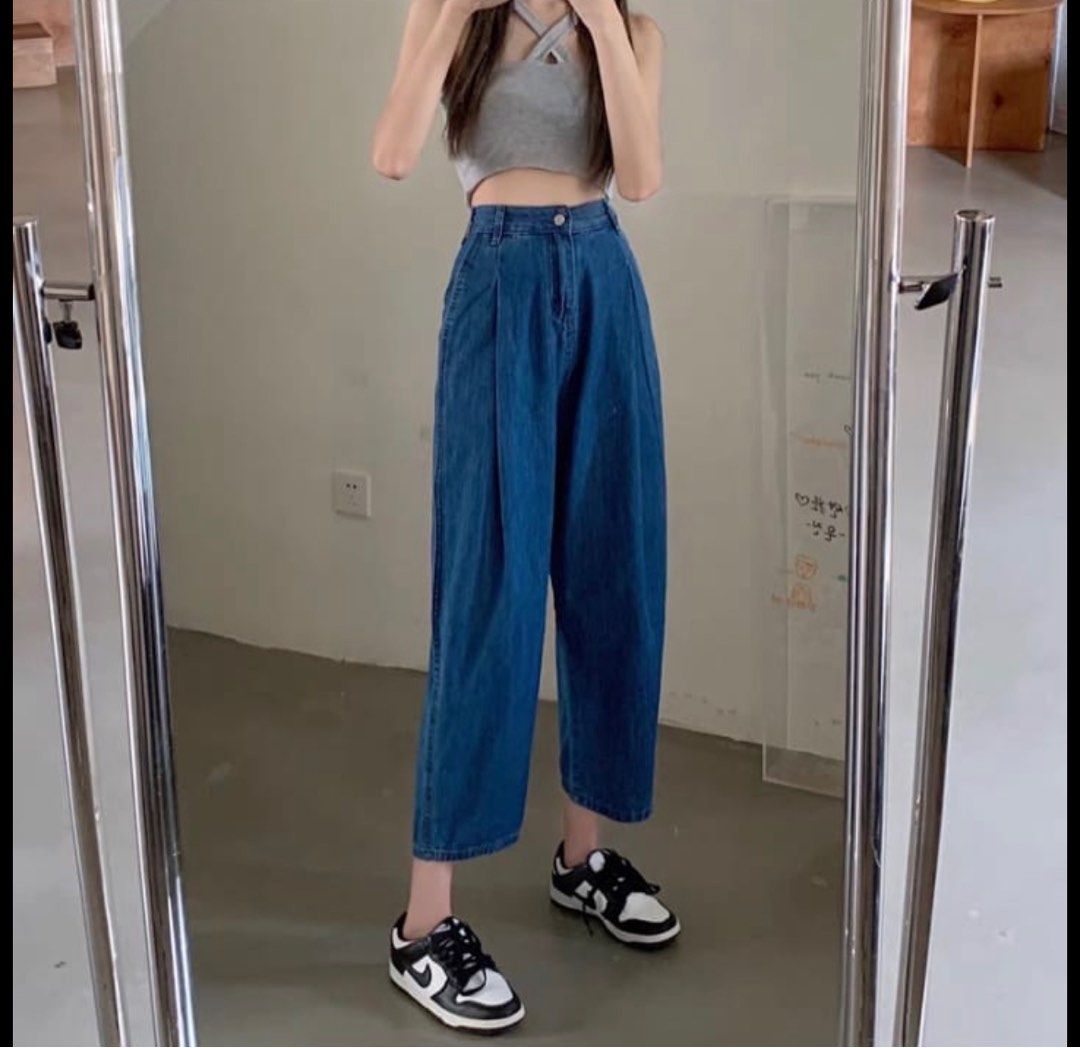 casual elastic high waist denim wide leg pants