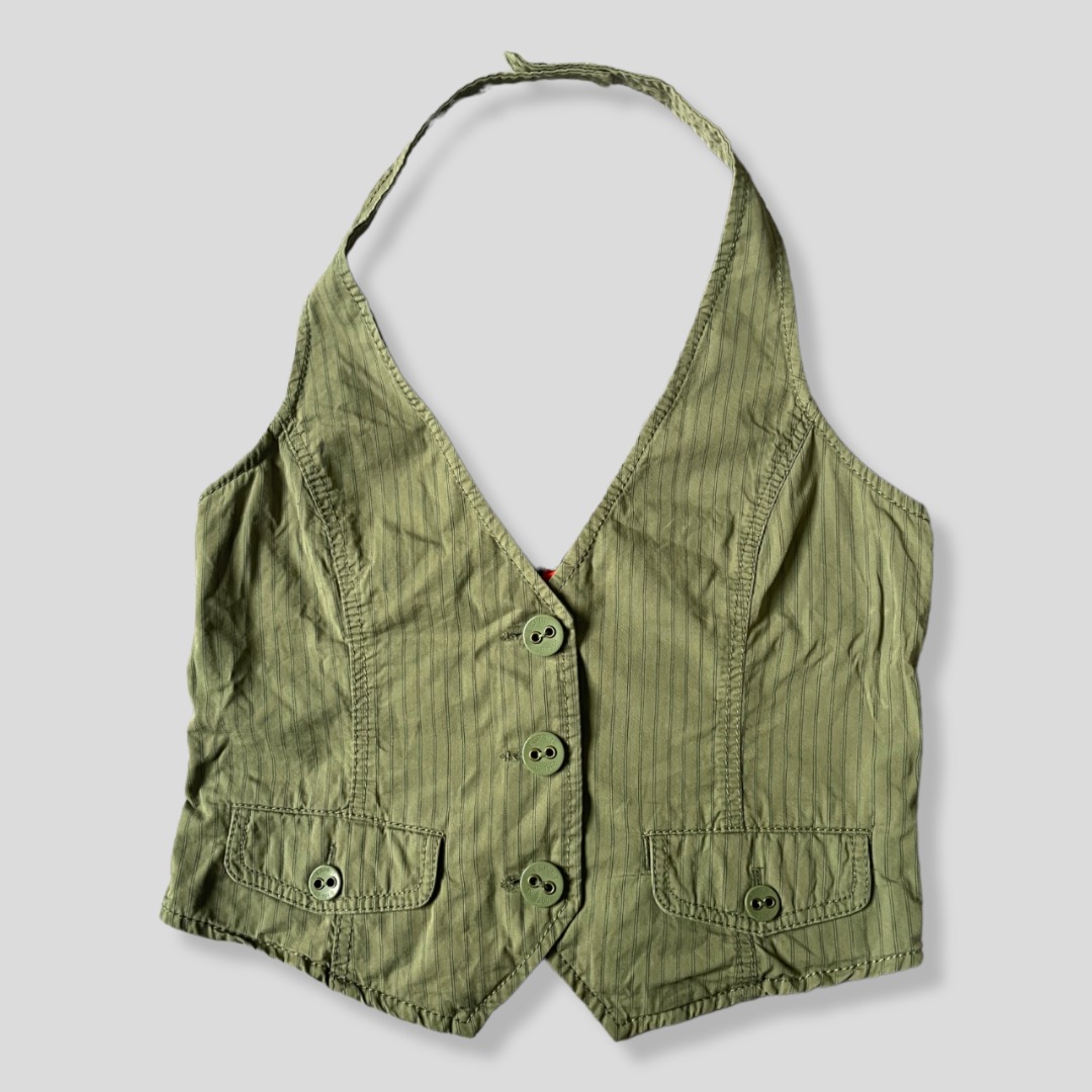 Esprit Green Pinstripe Smocked Back Halter Vest Top 90s Y2K Acubi on