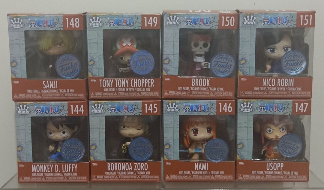 Funko Minis | One Piece Special Edition (Category: Designer & Blind Box Toys) located in Manila. Submitted by tortoyscollectibles (Listing ID 1215557389, Image 3). Description: Funko Minis | One Piece Special Edition Box condition (range): 8-9/10 ◾️Monkey D. Luffy - 700 ◾️Roronoa Zoro - 800 ◾️Usopp - 600 ◾️Nami - 800 ◾️Sanji - 800 ◾️Tony Tony Chopper - 700 ◾️Nico Robin - 800 ❌️OOS ◾️Brook - 800 Disclaimer: Minor paint or packaging imperfections m