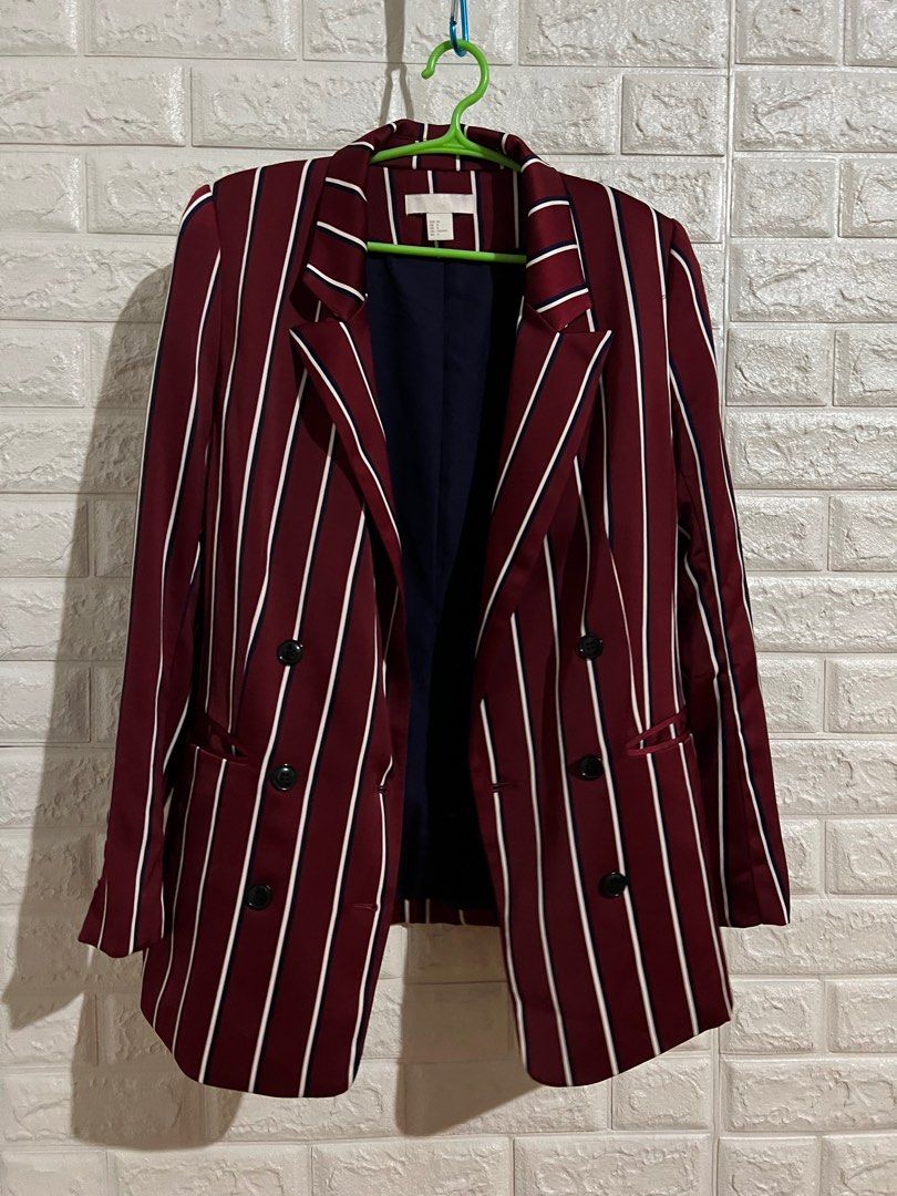 H M Burgundy Striped Blazer Women s Fashion Coats Jackets and