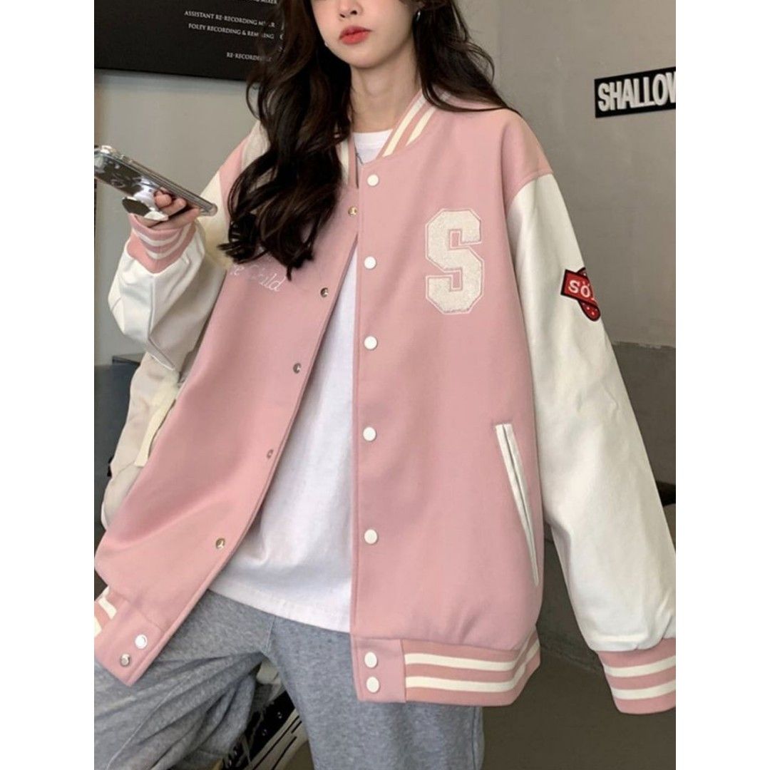 IMPORT] S Varsity Jacket University Leather Sleeve Baby Pink Big