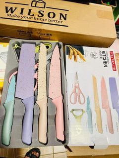 Knife Set (6 PCS)
Pastel Colors 
Stainless Steel Chef 
Knife Bread 
Knife Cleaver 
Scissors