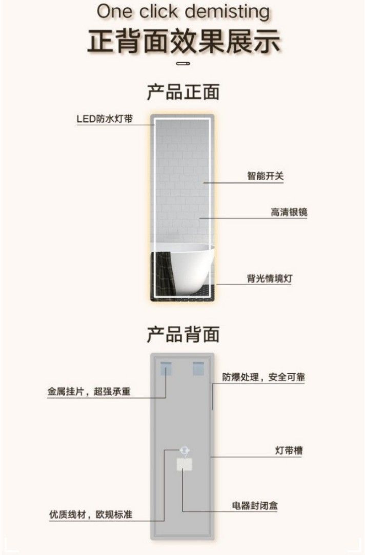 led穿衣鏡智能帶燈全身鏡壁挂貼牆試衣鏡無框服裝店鏡子, 傢俬＆家居