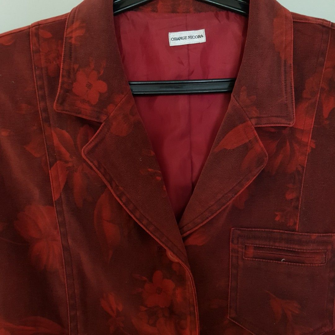 Orange Nicora Red Floral Blazer Coat (Category: Coats, Jackets and Outerwear) located in Makati City. Submitted by kendikets (Listing ID 1216613522, Image 2). Description: Orange Nicora (Japanese brand) Vintage Blazer in excellent condition Fits L-XL Velvet-like texture.