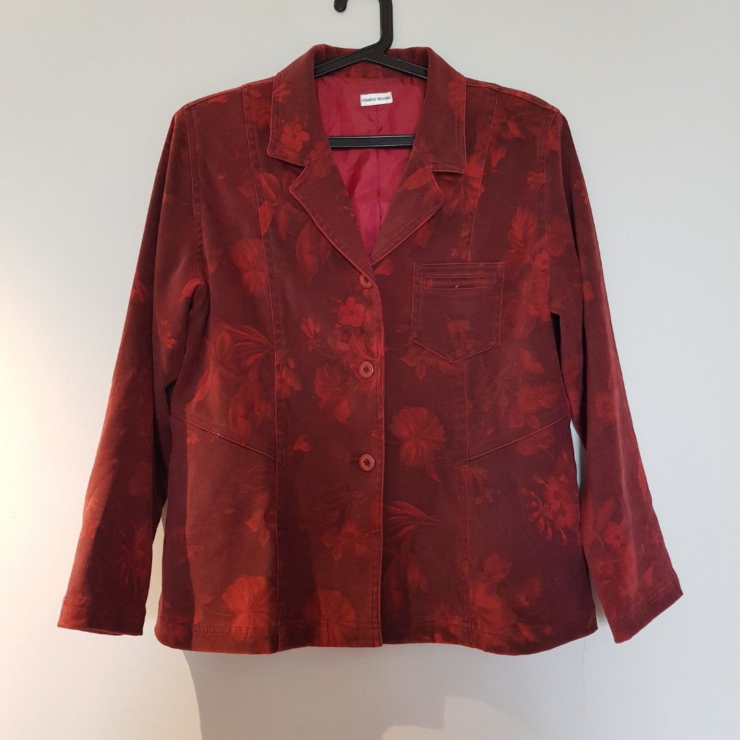 Orange Nicora Red Floral Blazer Coat (Category: Coats, Jackets and Outerwear) located in Makati City. Submitted by kendikets (Listing ID 1216613522, Image 1). Description: Orange Nicora (Japanese brand) Vintage Blazer in excellent condition Fits L-XL Velvet-like texture.