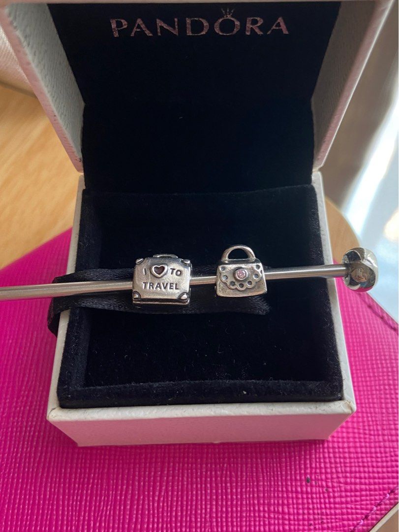 Pandora Purse with Pink CZ and I love to Travel Suitcase Charm