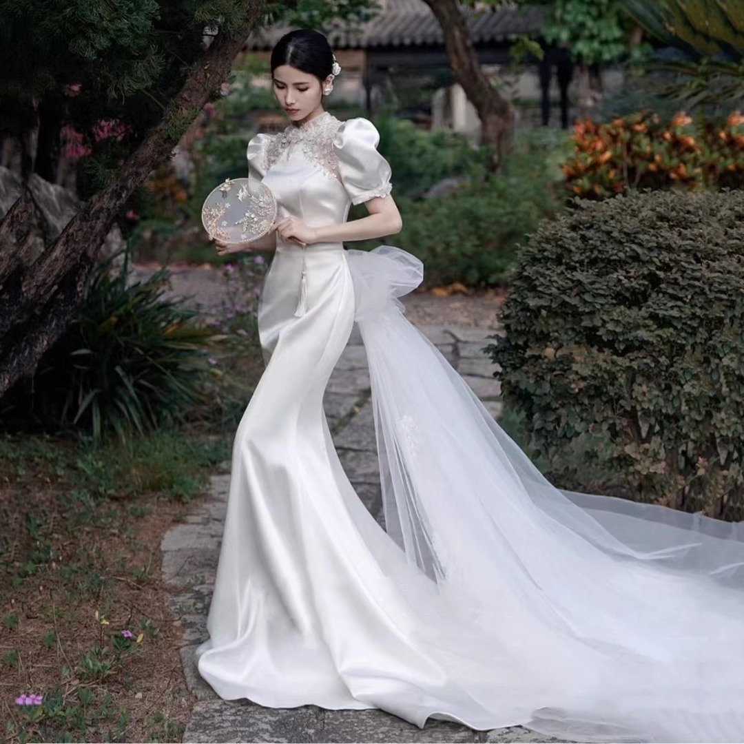 Pre order white cheongsam satin bodycon mermaid fishtail wedding bridal dress gown RB2464 Women s Fashion Dresses Sets Evening Dresses Gowns on Carousell