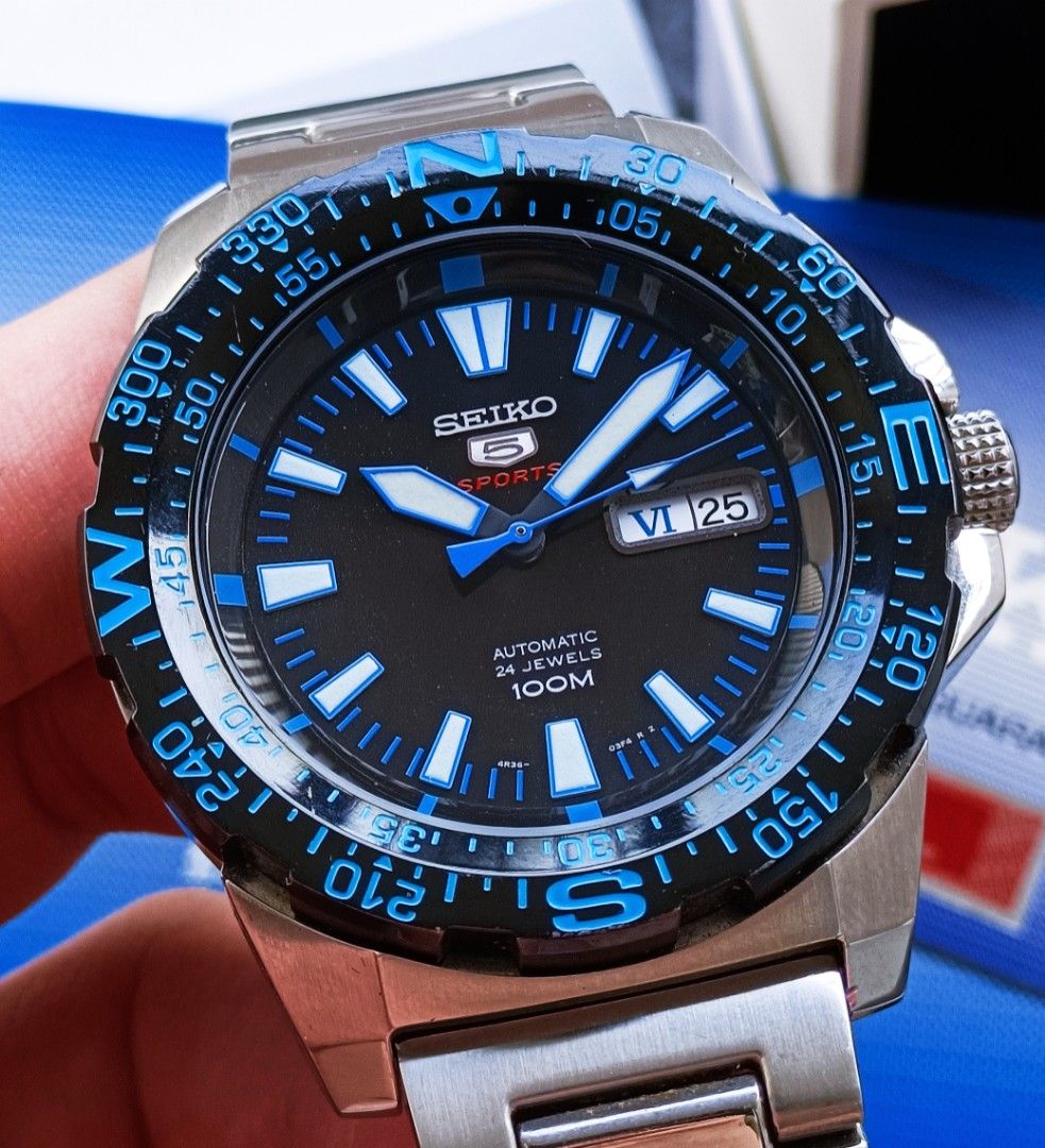 Rare Seiko 5 Monster Compass Blue Black Automatic Sports Watch