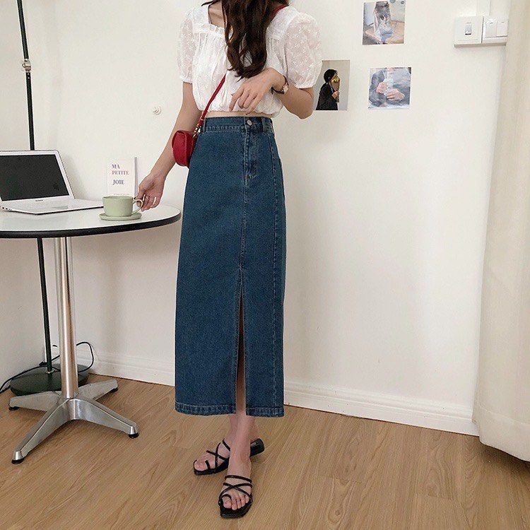 Rok denim midi wanita navy