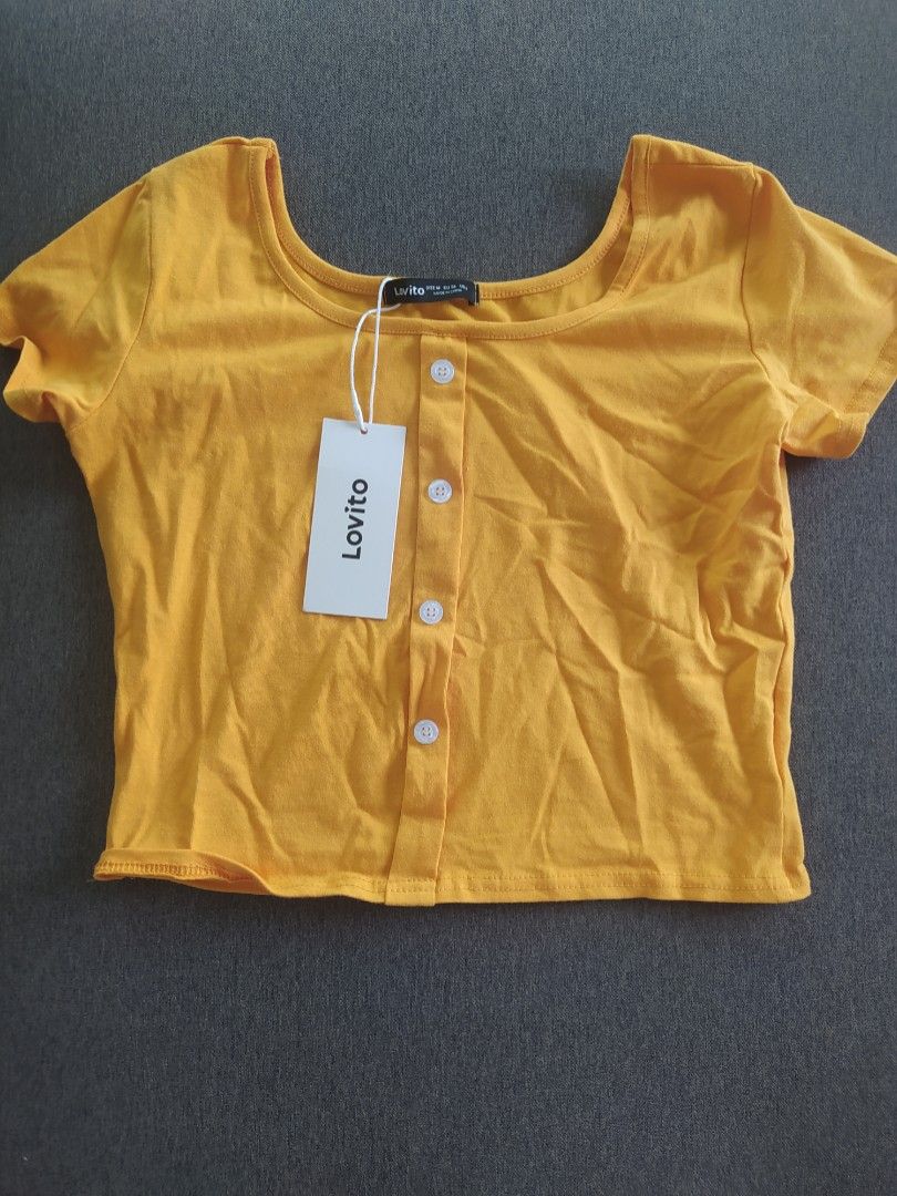 ☆Simple summer cute yellow chic fashion crop top button down☆, Women's