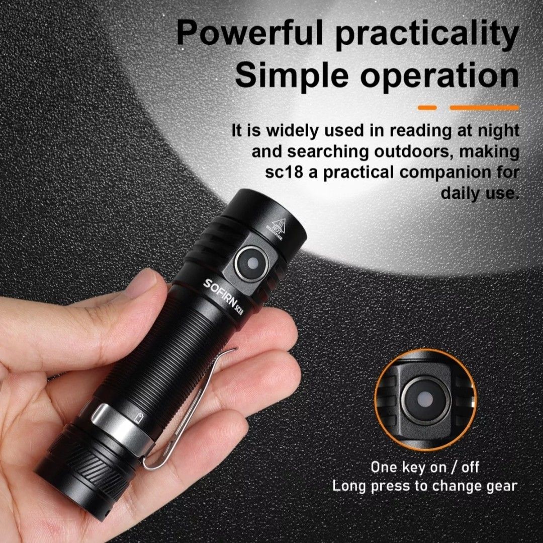 Sofirn SC18 flashlight (Category: Lighting) located in Quezon City. Submitted by kenshin_himura5 (Listing ID 1216504512, Image 3). Description: Sofirn SC18 mini flashlight Brand: Sofirn Model: SC18 Lumens: 1800 Emitter: SST40 LED Beam distance: 217m Mode: 6 modes (Turbo/High/Med/Low/Moon/Strobe) Battery: rechargeable 18650 3000mAh Complete set: Sofirn SC18 18650 battery Charging cable Clip Lanyard Spare O ring Manual Box item is for pickup or del
