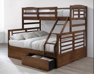 Solid Wooden Bunk Bed with Single Top and Queen bottom with drawers