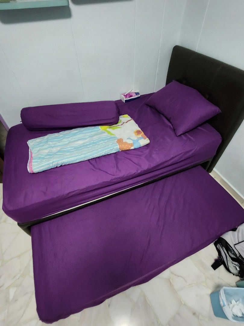 Super single bed frame with pull out mattress, Furniture & Home Living