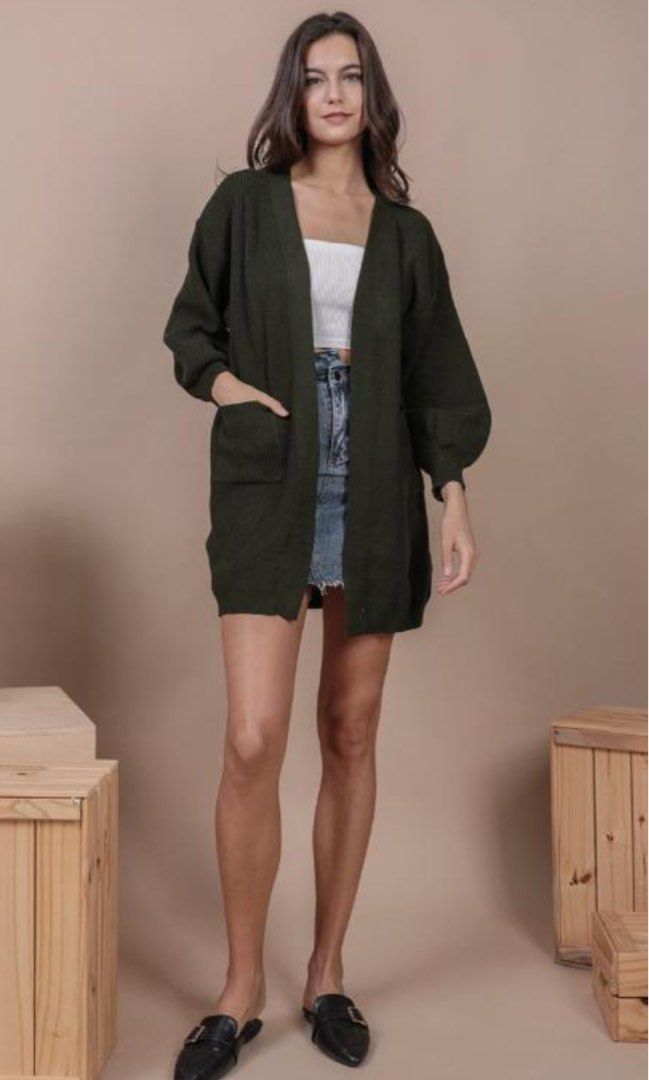 The Tinsel Rack Oscar Long Line Knit Cardigan in Wheat and Forest