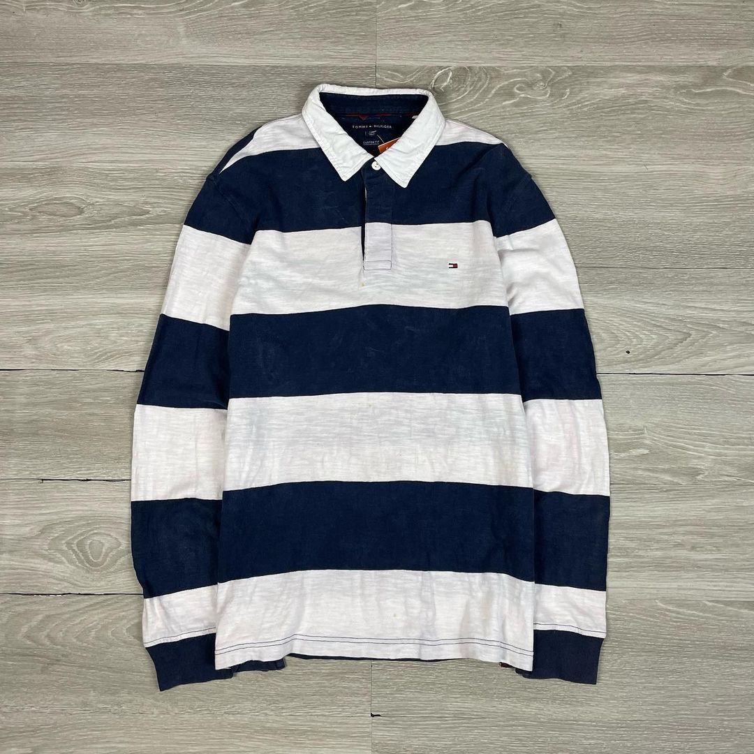 tommy hilfiger striped rugby shirts JRRB19, Fesyen Pria, Pakaian