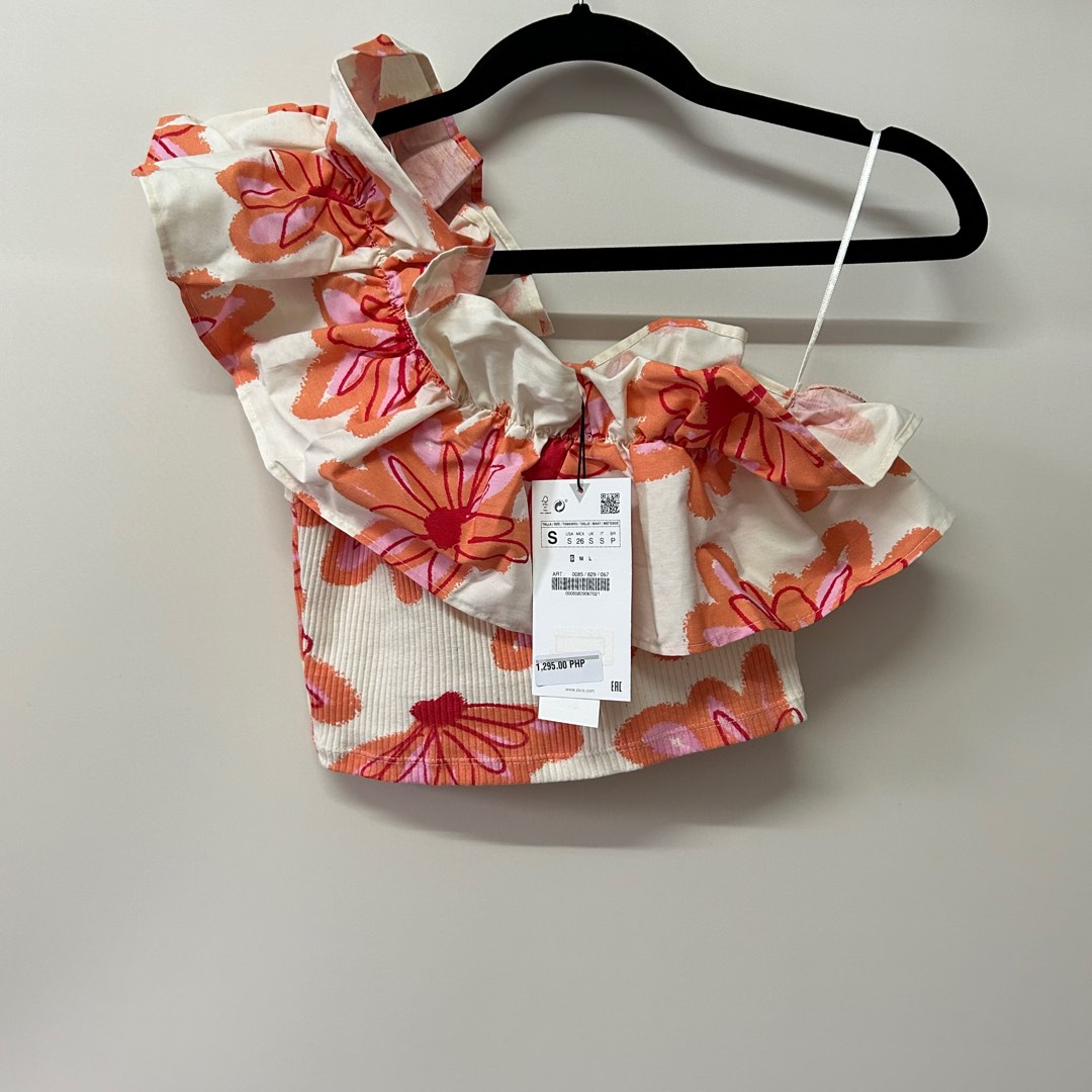 Zara floral printed ruffle asymmetrical cropped top, Women's Fashion