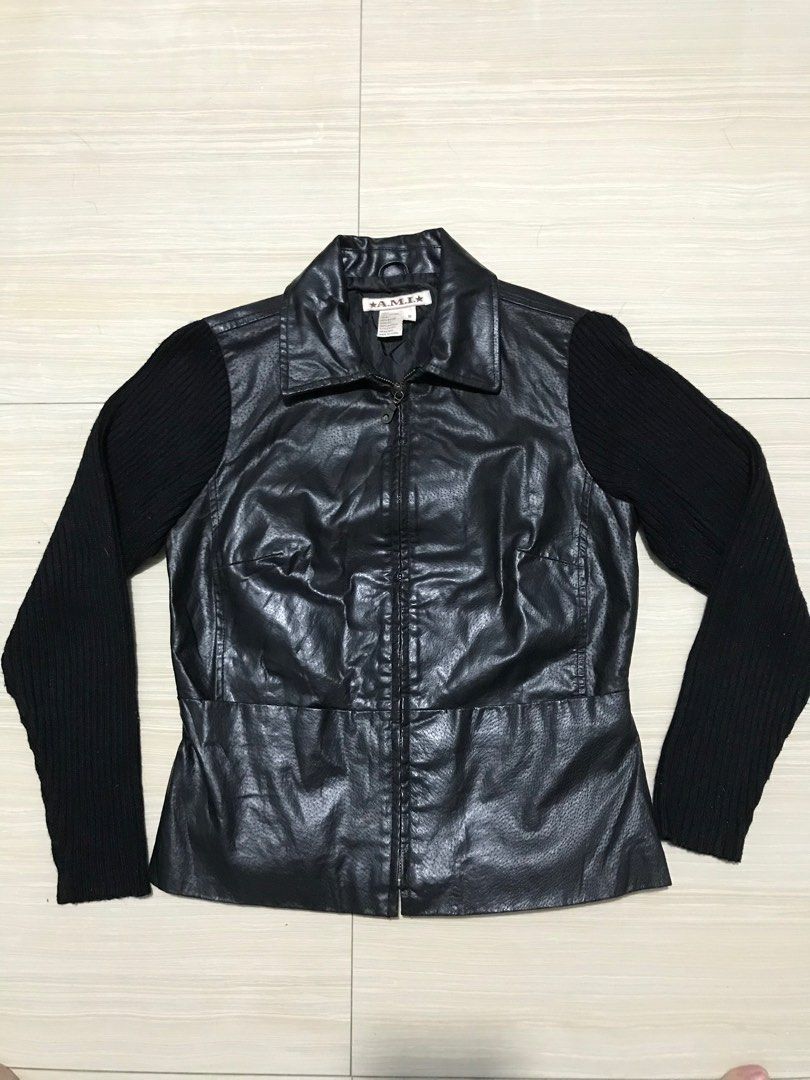Ami black leather knit sleeve jacket (Category: Coats, Jackets and Outerwear) located in San Pedro. Submitted by ziamiel (Listing ID 1216776262, Image 1). Description: Width 18” Length 22.5 Small on tag Condition:excellent Color rate:10/10 Location:San Pedro laguna Mop:gcash or bdo Mod:j&t or lalamove only.