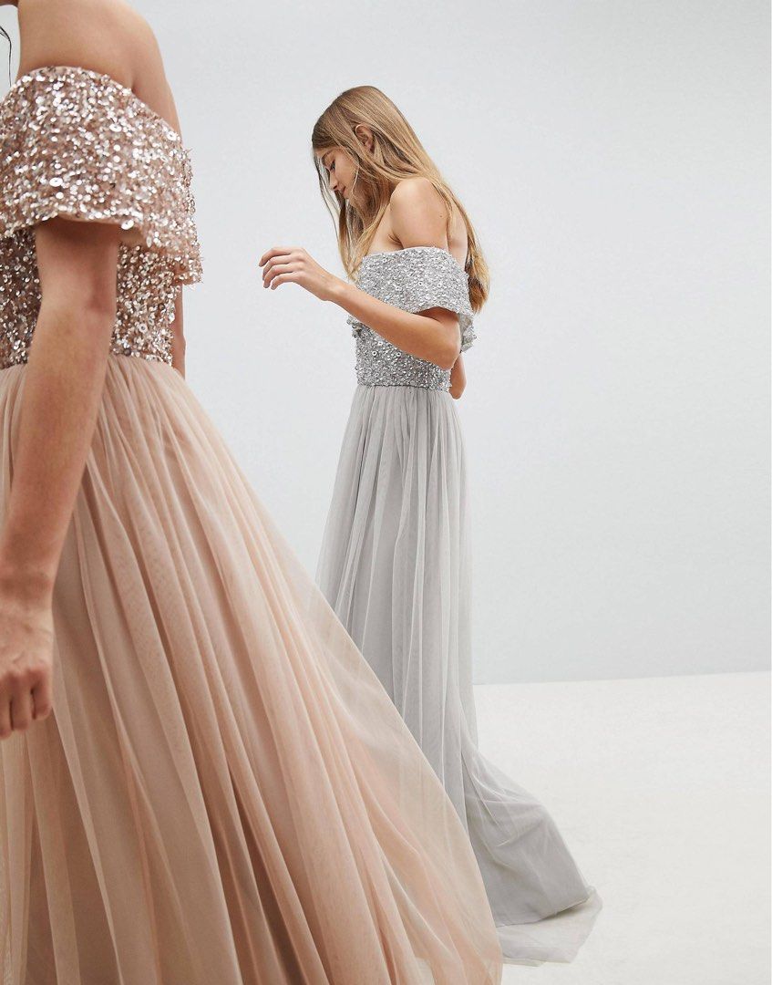 Maya bardot sequin top tulle top detail dress with high low hem