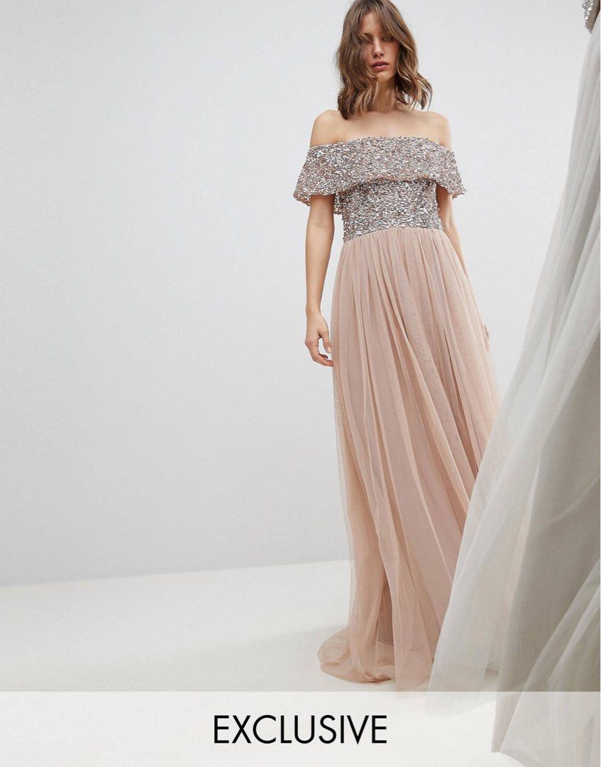 Maya bardot sequin top tulle top detail dress with high low hem