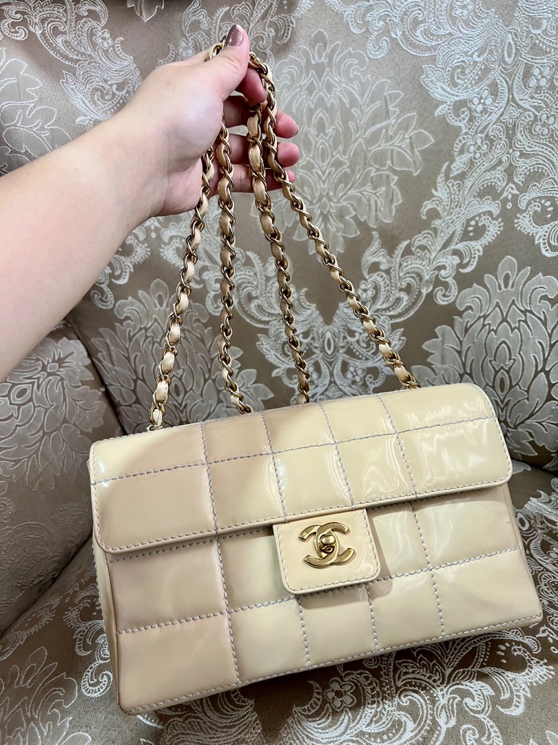 Authentic Chanel chocolate bar beige enamel leather single flap bag