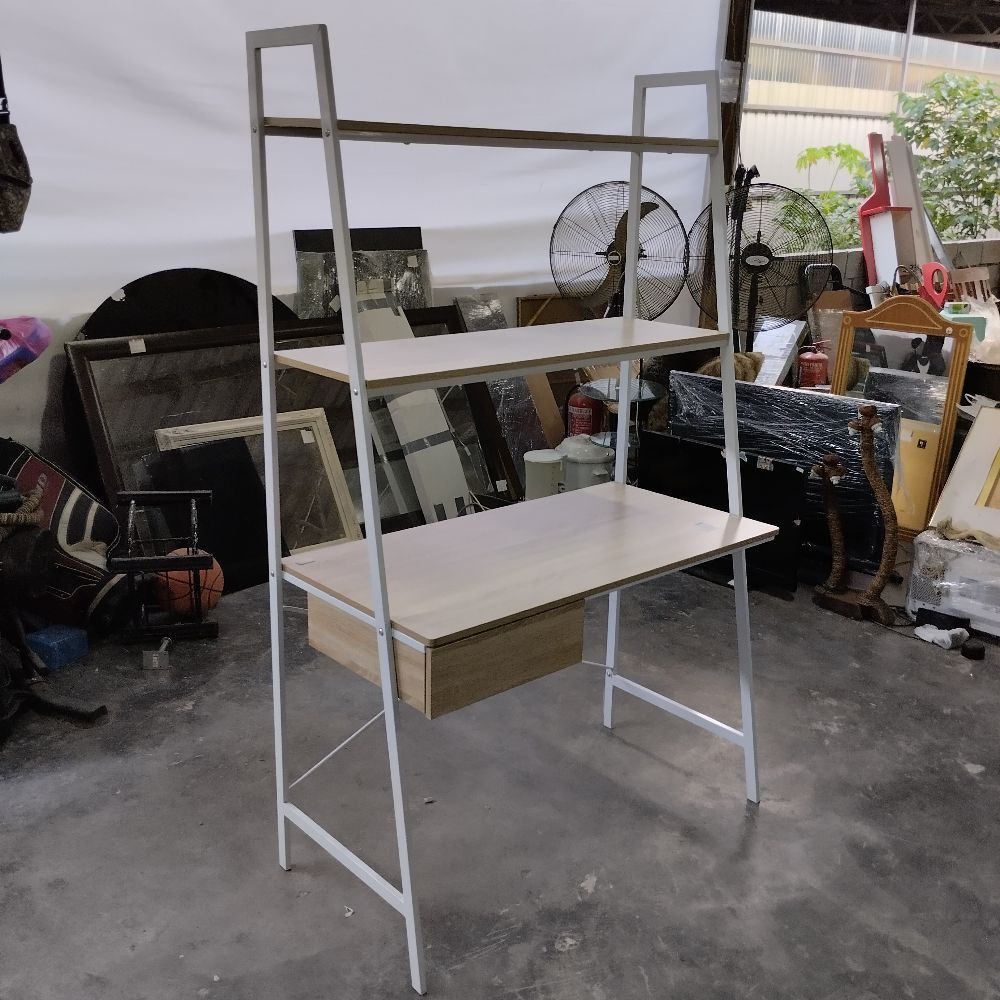 (F20026618) White Metal Frame 3-Tier Wooden Study Desk / Meja Belajar ...