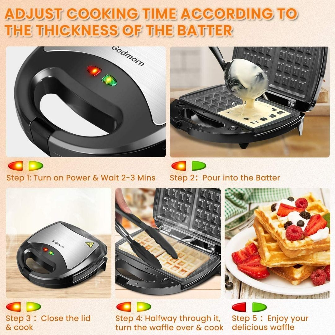 Godmorn Waffle Maker 4 in 1, Sandwich Toaster 4 Slice, Toastie Maker