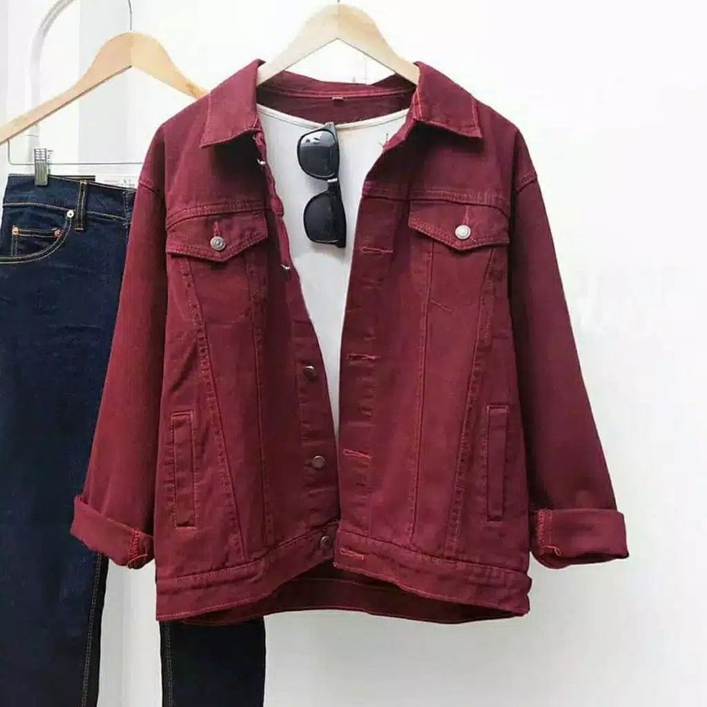 Jaket jeans merah marun denim premium berkualitas bahan tebal bisa