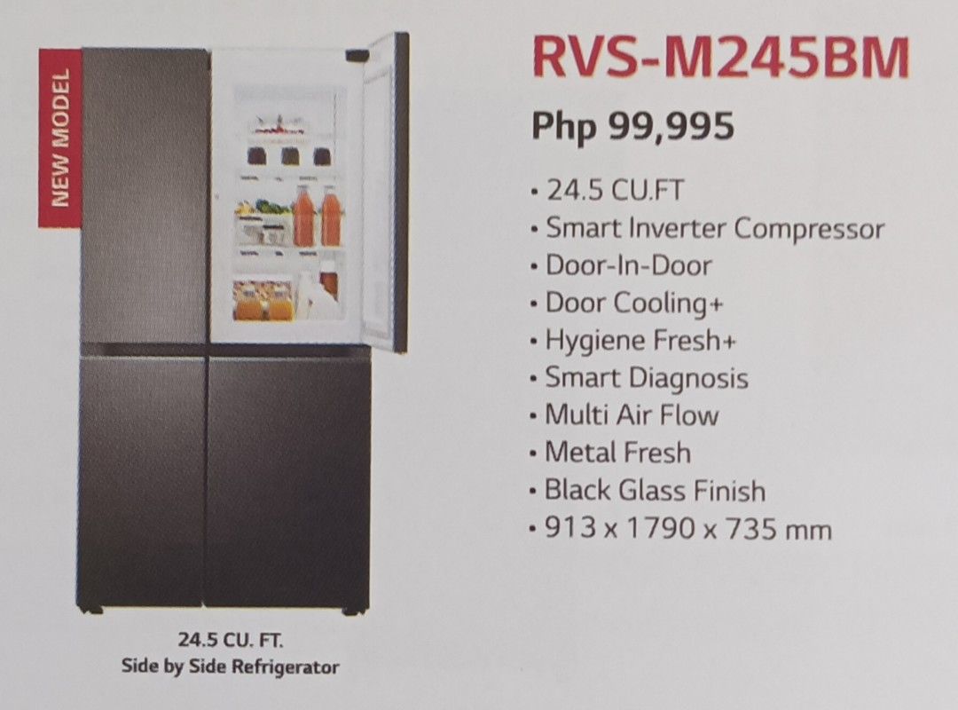 LG inverter side by side refrigerator DOOR IN DOOR 24 cu.ft BLACK GLASS