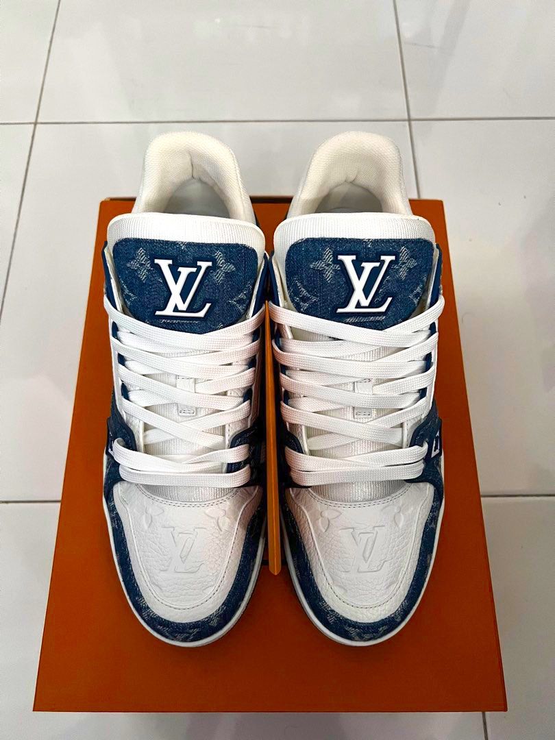 Lv trainer sneaker denim blue , Luxury, Sneakers & Footwear on Carousell