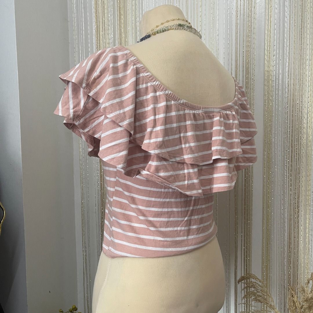 S Supre Pink White Stripes Off Shoulder Top Women s Fashion