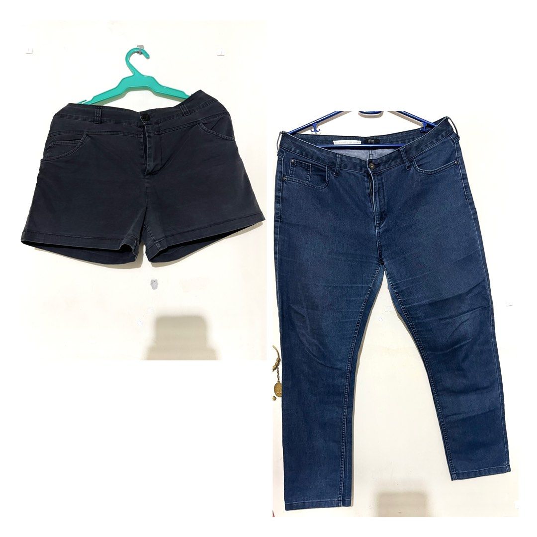 Shorts, Pants Plus Size BUY ONE TAKE ONE (Category: Other Bottoms) located in Bulacan. Submitted by kylebns (Listing ID 1216663222, Image 1). Description: 140/set (pants and shorts) F&F Blue skinny pants - 50 *may discoloration sa pundiyo tho twice lang nagamit waist- 34-36 length- 38 Karen+Kaye 2L Black shorts - 80 waist- 36-38 length- 13 .