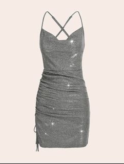 TANIESSA Crisscross Backless Ruched Glitter Bodycon Dress Birthday Party Photoshoot
