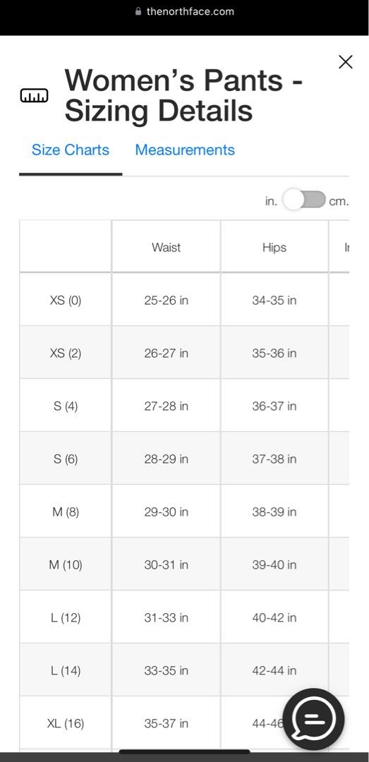 North face women s sale pants size chart