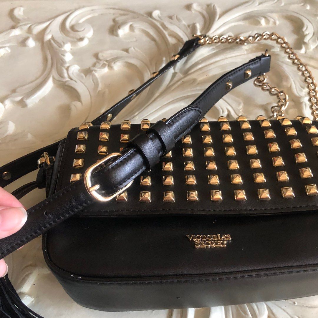 Victoria's Secret Black and Gold Studded Over Shoulder Purse with Snap  Closure 