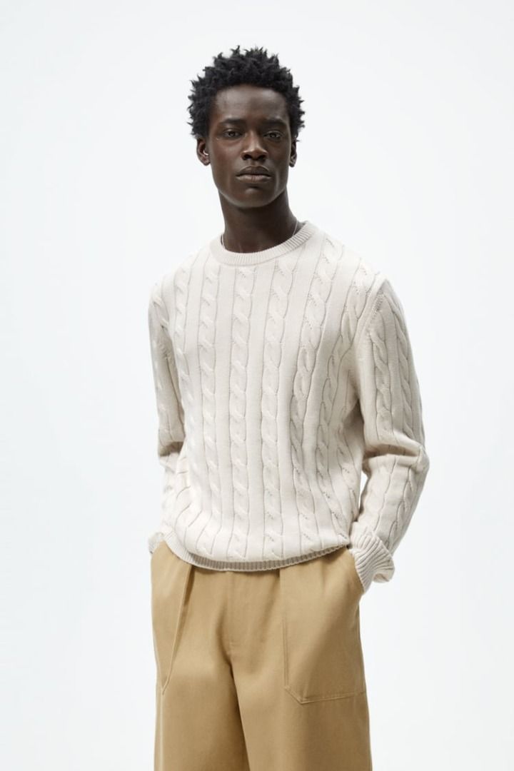 USED ONCE) ZARA Cable-Knit Textured Sweater (Ecru) (Orig Price: ₱2,995),  Men