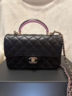 Chanel 23p mini flap with top handle black pink 拼色