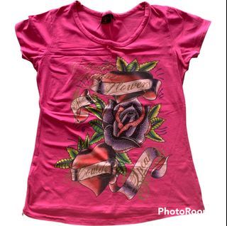 Ed Hardy by Christian Audigier Flowers Could Speak Pink Top Rhinestone Y2K Vtg Vintage Rare Women Size XL