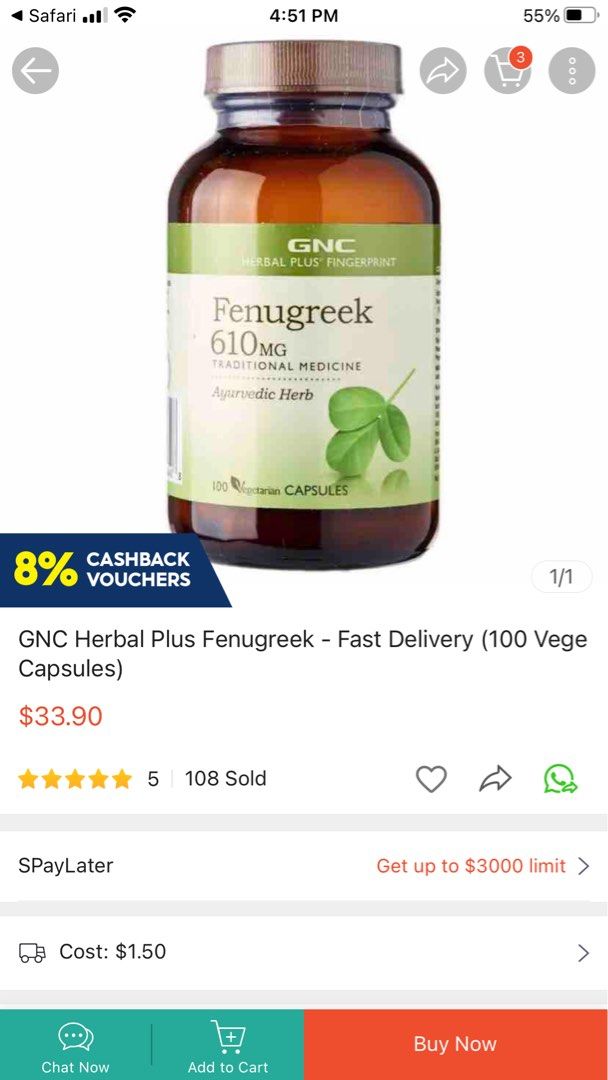 Fenugreek 610 mg GNC Herbal Plus (Expiry 10/2025), Health & Nutrition