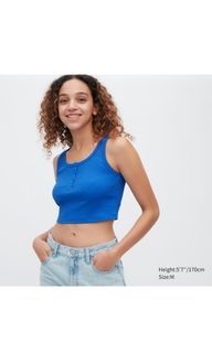 FREE NM - Uniqlo Electric Blue Ribbed Cropped Henley Neck Sleeveless Tank Top