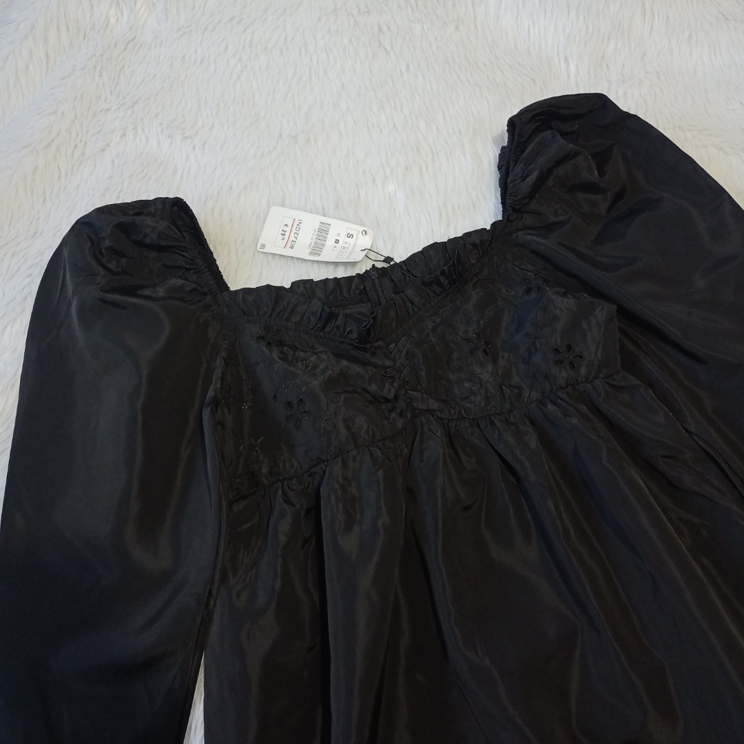 INDEFEIR Puff Sleeve Black Dress with Embroidery, Women's Fashion ...