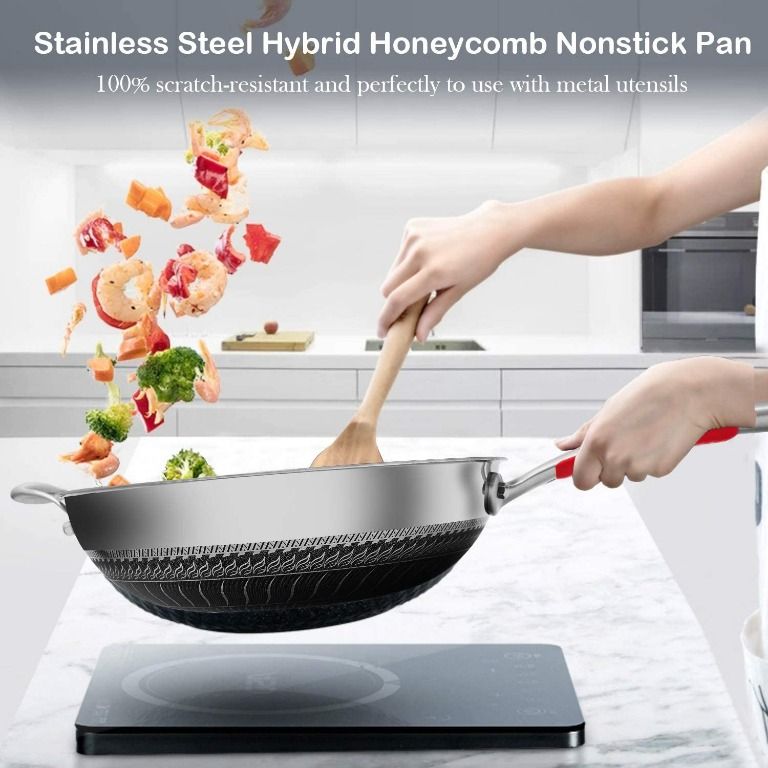 instock) 12.6 inch Hybrid NonStick Stainless Steel Wok Pan With  Lid,(PFA,PFOA Free),Honeycomb Woks and stir fry pans for Gas  Cooktops,Induction,Ceramic,Electric Stove,Dishwasher and Oven Safe,Cooking  Wok, Furniture & Home Living, Kitchenware & Tableware
